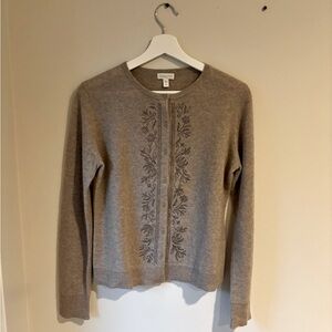 Garnet Hill tan embroidered cashmere cardigan